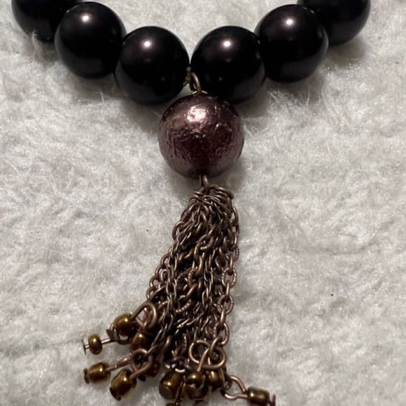 Plum Beads Elastic Bracelet Copper Tone Chain Tassel Accent - Picture 3 of 7